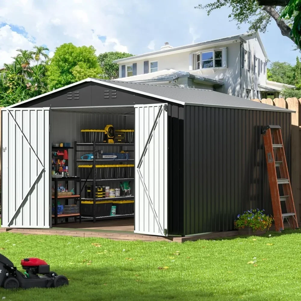 Cobertizo de almacenamiento para exteriores de 10x10 pies, estructura de marco actualizada y puertas bloqueables, cobertizos de herramientas de metal para patio trasero, jardín, patio, césped, gris