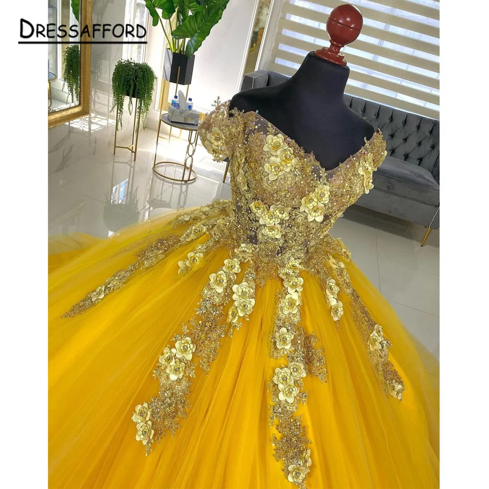 فساتين Quinceanera الصفراء قبالة الكتف الكرة ثوب ثلاثية الأبعاد الزهور يزين الدانتيل الظهر مشد Vestido De 15 Años Quinceanera 2023