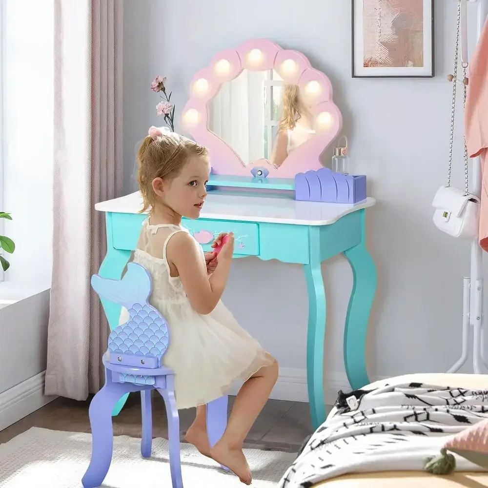 Ocean-Themed Wooden Princess Vanity Set with Lighted Mirror and Stool for Kids Pretend Play