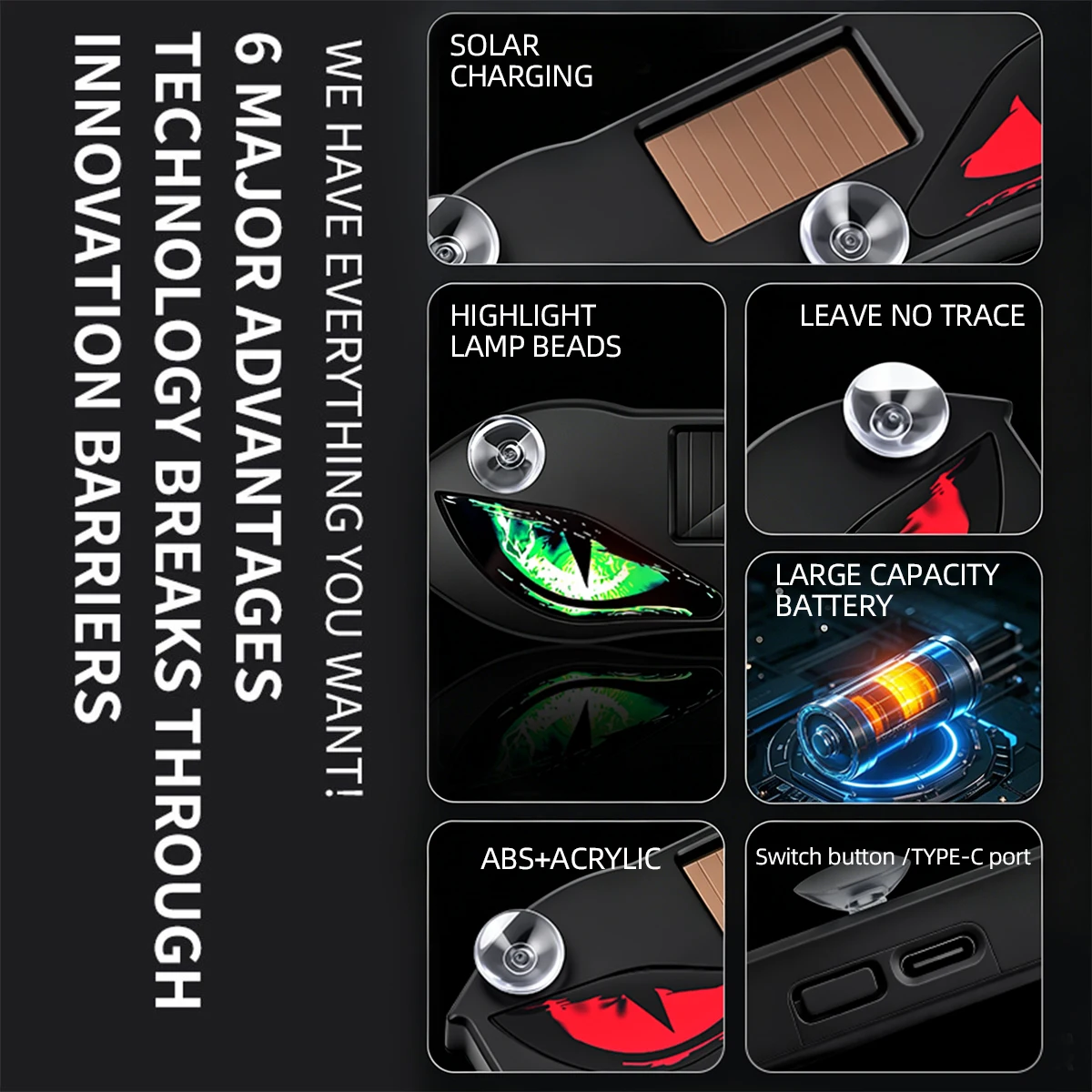 Solar Power Car Creative Demon Eye Light Cool Flashing Warning Light Dynamic Safety Vehicle Signal Lights Universal