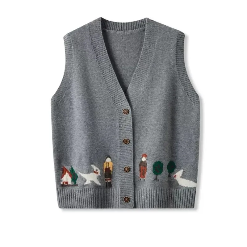 

Осенний жаккардовый вязаный жилет с героями мультфильмов для женщин, свободная верхняя одежда, жилет, жилет, жилет с зажимом для лошади, многослойные модные плечи