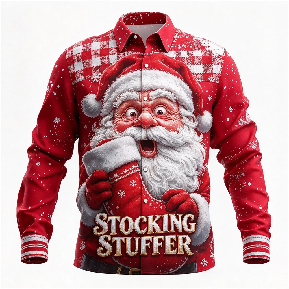 Winter 3D Shirt Ugly Christmas Men Long Sleeve Button Down Shirt Funny Santa Plaid Shirt Graphic Holiday Party Xmas Gift For Men