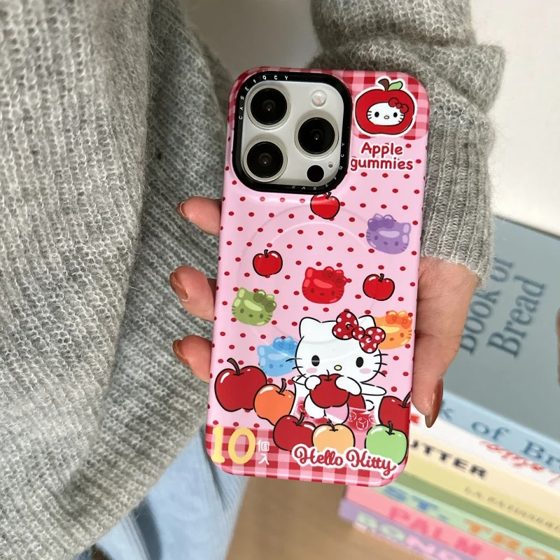 الدوبامين الأحمر شبكة البولكا نقطة أبل كاندي ثلاثية الأبعاد مرحبا كيتي جراب هاتف آيفون 17 16 15 14Pro ماكس مع حامل مغناطيسي