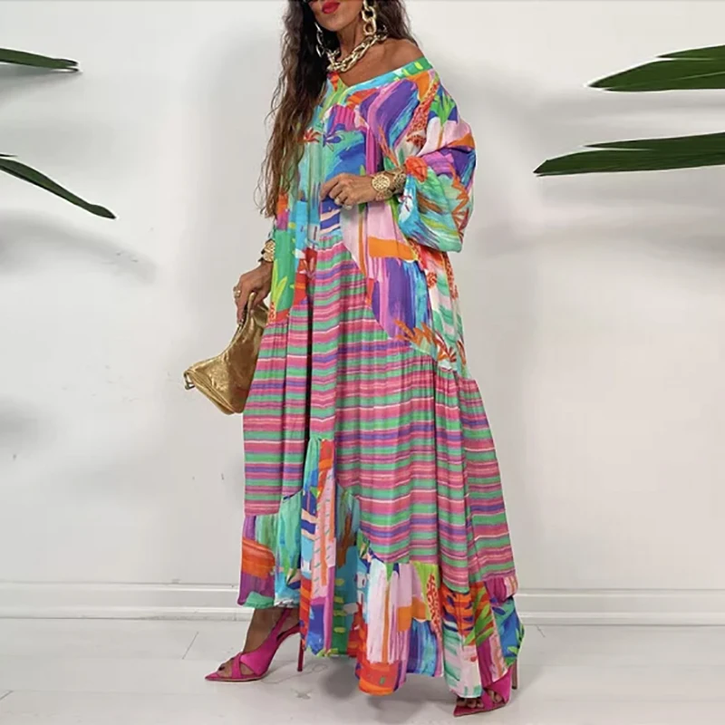 Moda retrò allentato Boho stampa Maxi vestito Casual scollo a v manica lunga autunno spiaggia vestito 2022 Harajuku modello signore vestito da partito