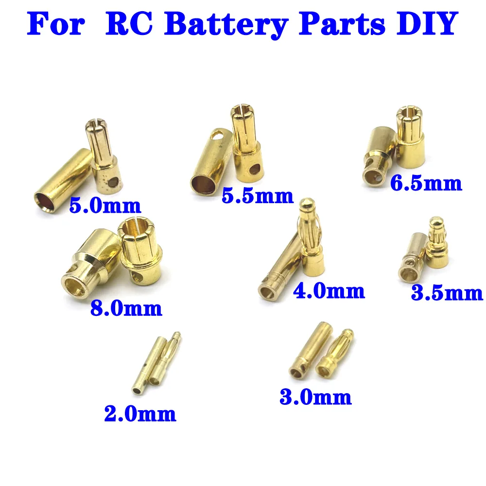 Позолоченная вилка-банан для аккумулятора RC, 2 мм, 3 мм, 3,5 мм, 4 мм, 5 мм, 5,5 мм, 6 мм, 8 мм, высококачественный штепсельный разъем типа банан «папа», «мама»