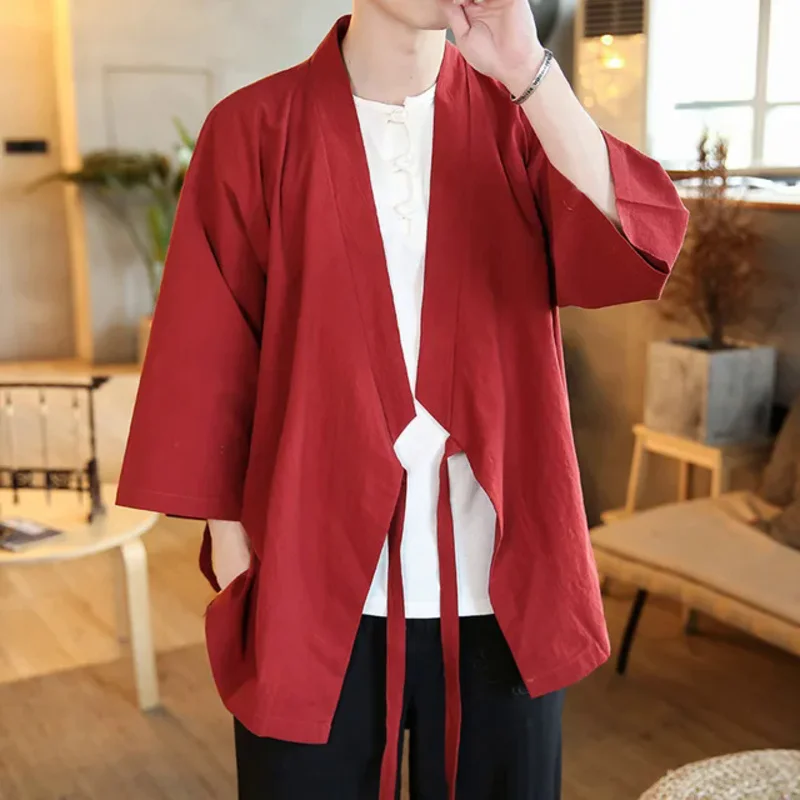 kimono Samurai Costume Chinede Style Men Japanese Cardigan Haori Clothing Summer Harajuku Jackets Casual Cotton Yukata