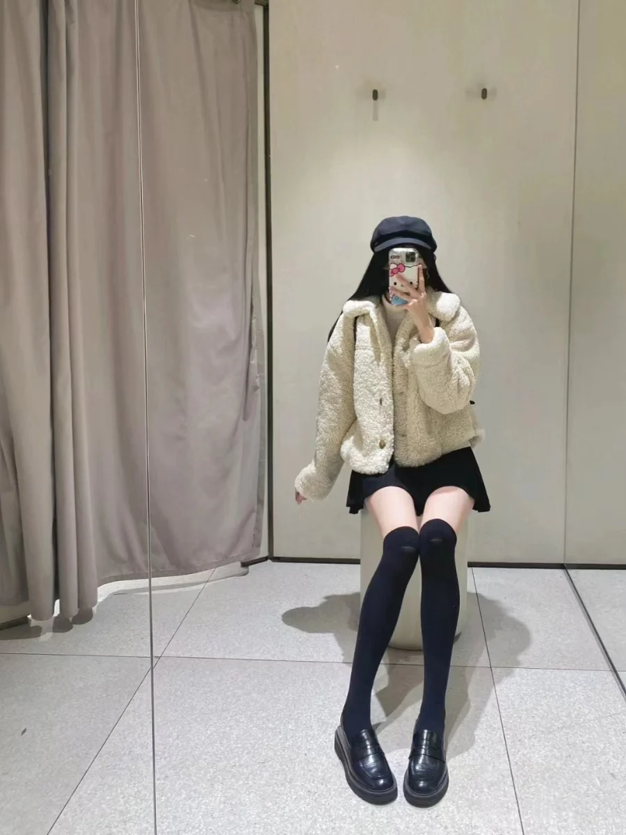 Dames Thiened Lamsbont Jaet Loose Fit Kraag bovenkleding Herfst Winter Nieuwe collectie Pure kleur Veelzijdige knoopsluiting