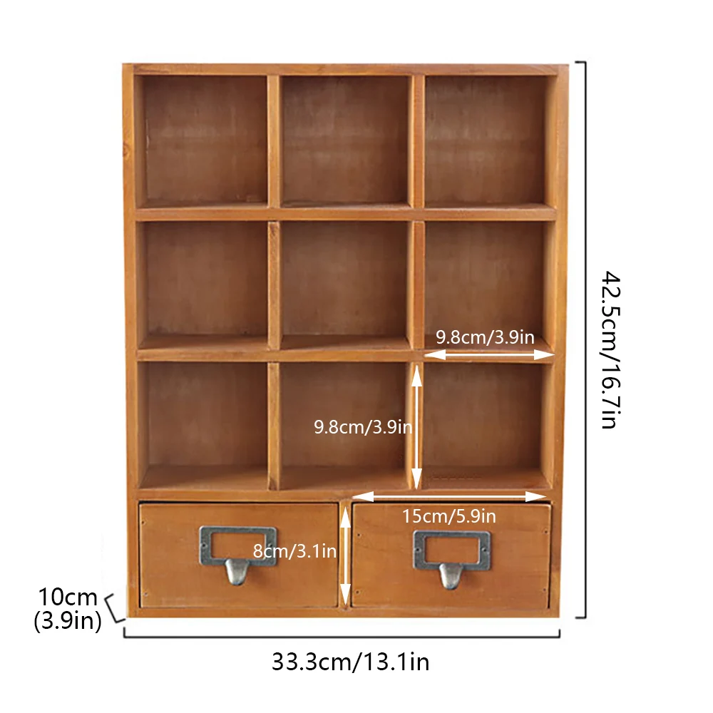 9-Cube Wooden Display Shelf with 2 Drawers Desktop Storage Organizer Brown 33.3x10x42.5cm