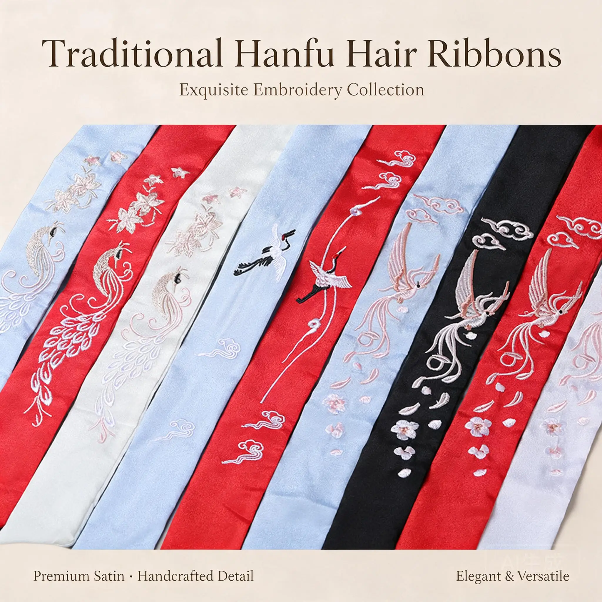 Chinese Style Embroidered Satin Hair Ribbons Hanfu Ties With Crane Phoenix Cloud Pattern For Women Cosplay Party Daily Hair Wear
