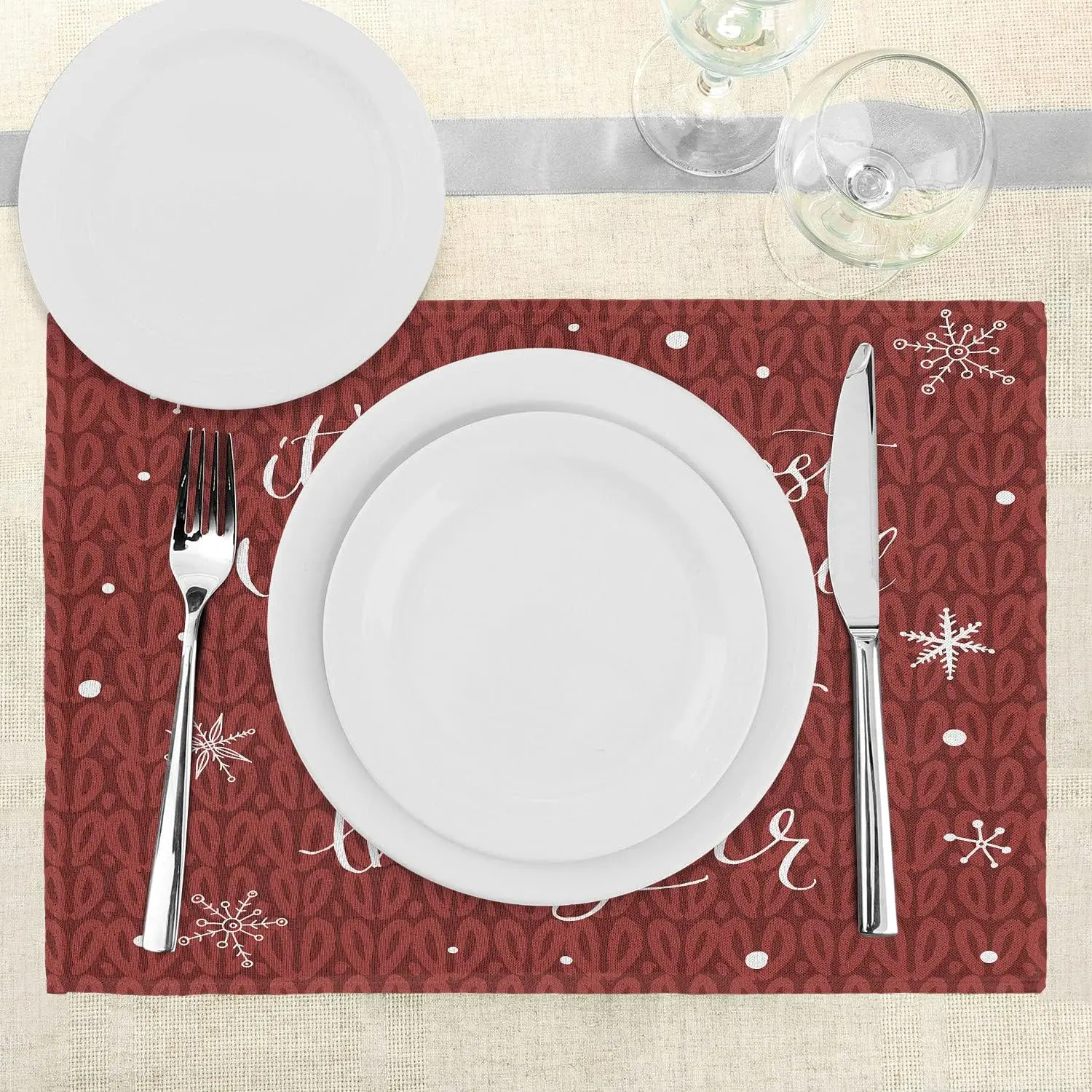 Saying Place Mats Set of 4 Christmas Concept Its The Most Wonderful Time of The Year Phrase and Snowflakes Washable Fabric