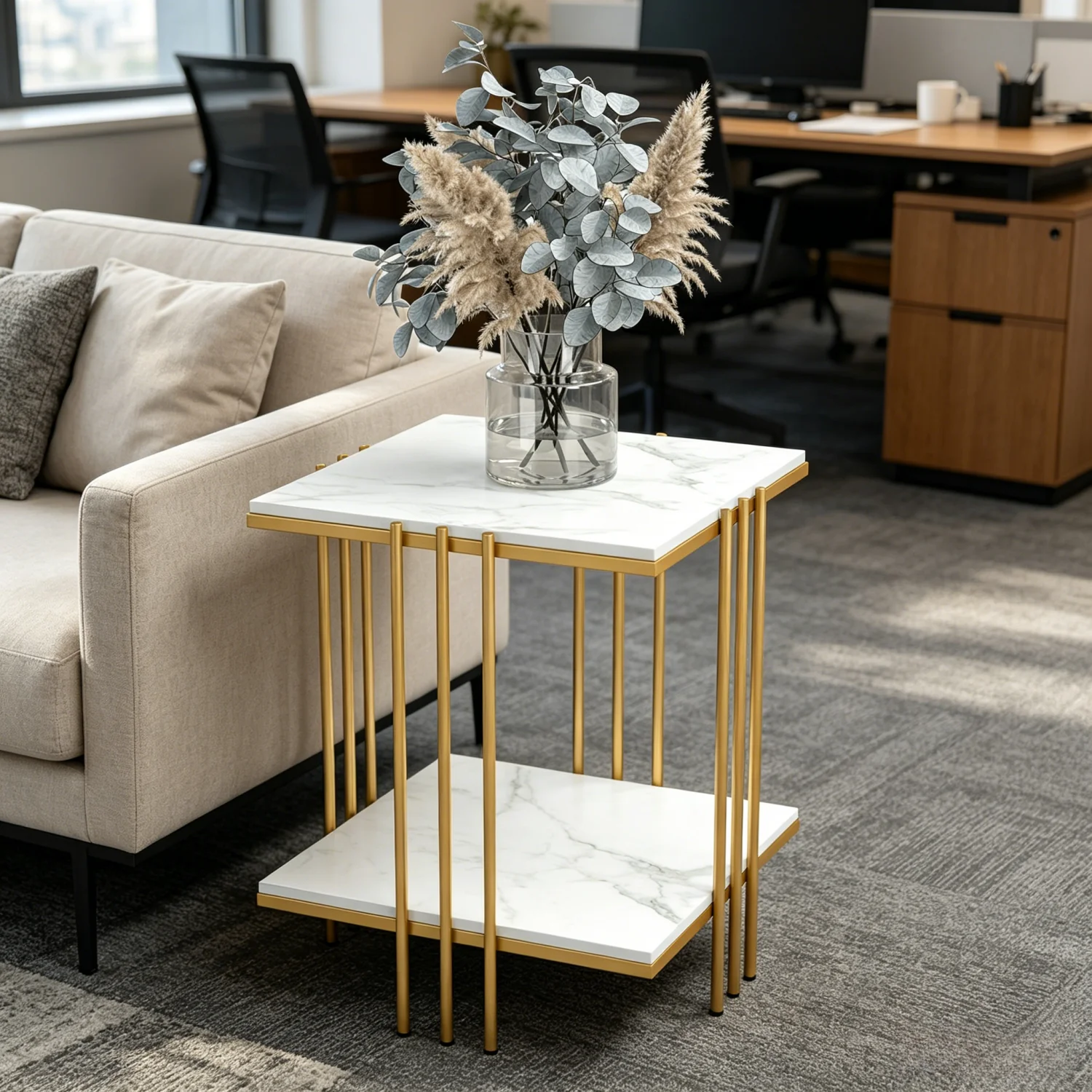 2 Tier Square Sofa Side Table Metal Gold Frame Sintered Stone Table Top Accent End Table Nigthstand for Living Room Bedroom Office - view 2