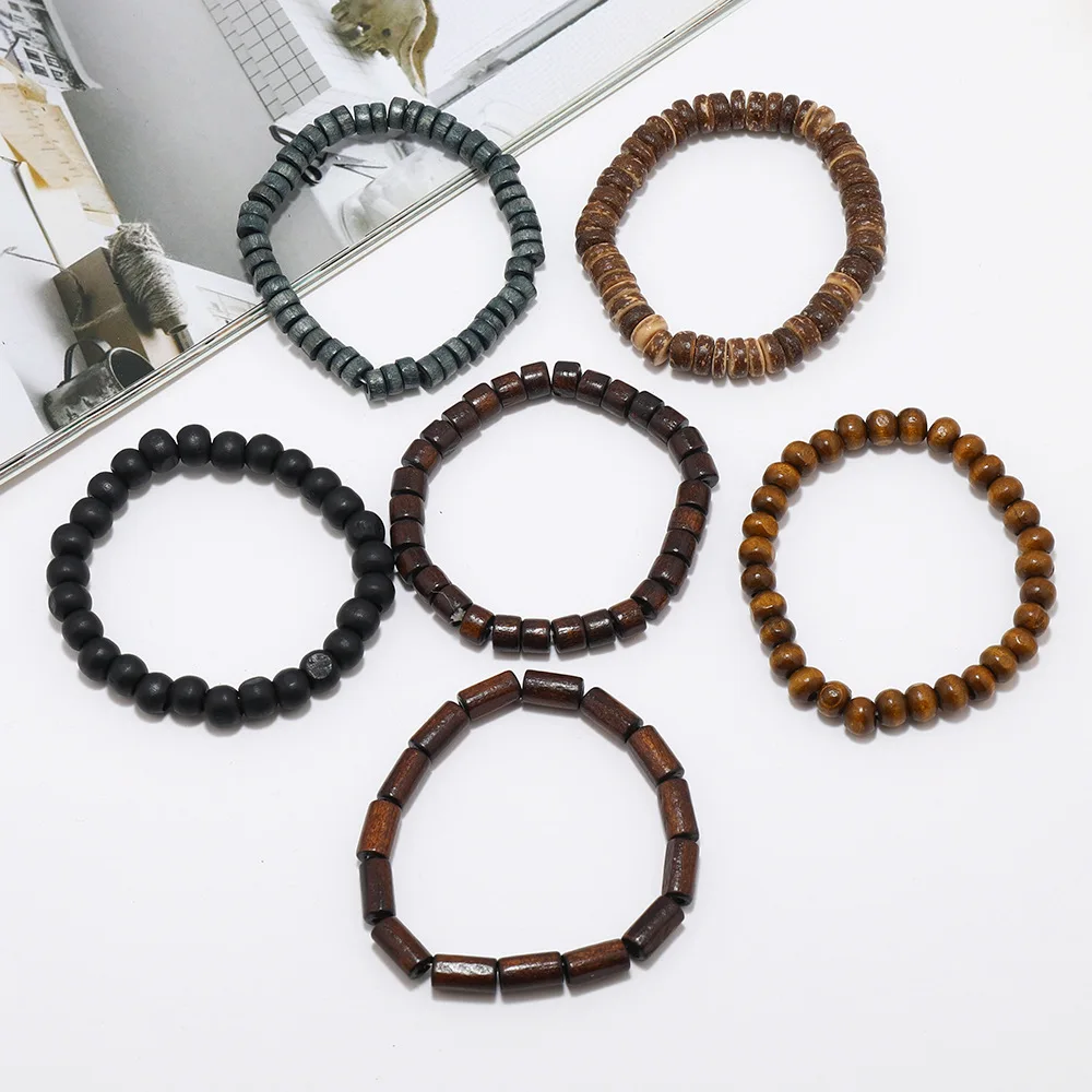 Fashion Men\'s Hand-beaded Bracelet Vintage Style Multi-layer Stretch Thread Wood Bead Coconut Shell Hand Ornament Charm Bracelet