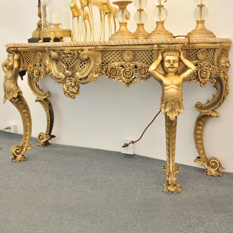 Antique Reproduction Rococo Style Brass Console Side Table L153W54H75cm  Luxury Copper Furniture for Entrance Lobbby Fine Arts