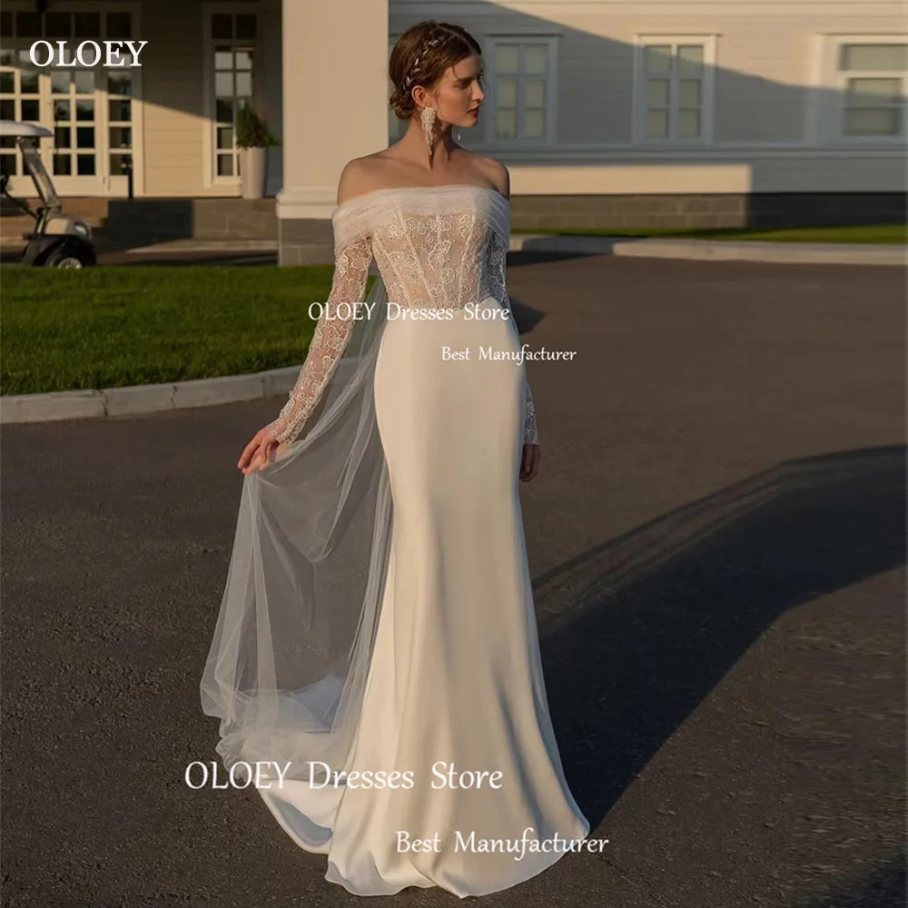 

OLOEY Modern White Lace Satin Mermaid US Wedding Dresses Off Shoulder Three Quarter Backless Sweep Train Formal Bride Gowns