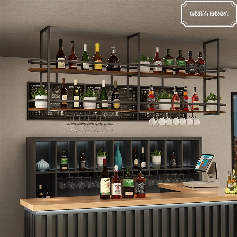 رف النبيذ من الحديد المطاوع على الطراز الصناعي، رف شماعات، طاولة بار، مطعم، بار، سقف معلق للمطبخ، خزانة معلقة