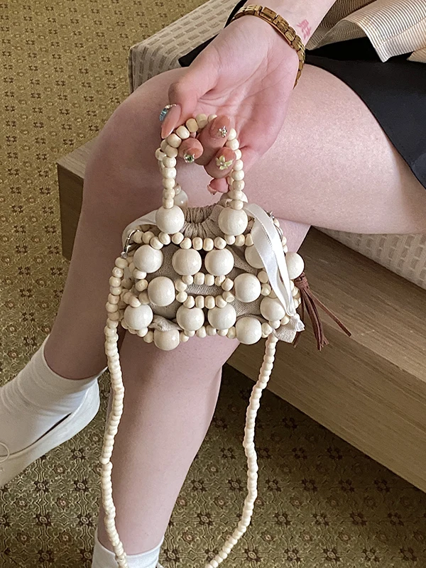 

Handcrafted Beaded Crossbody Bag Women's Holiday Style Single Shoulder Satchel Red Color Pure Handwork Fashion Bag