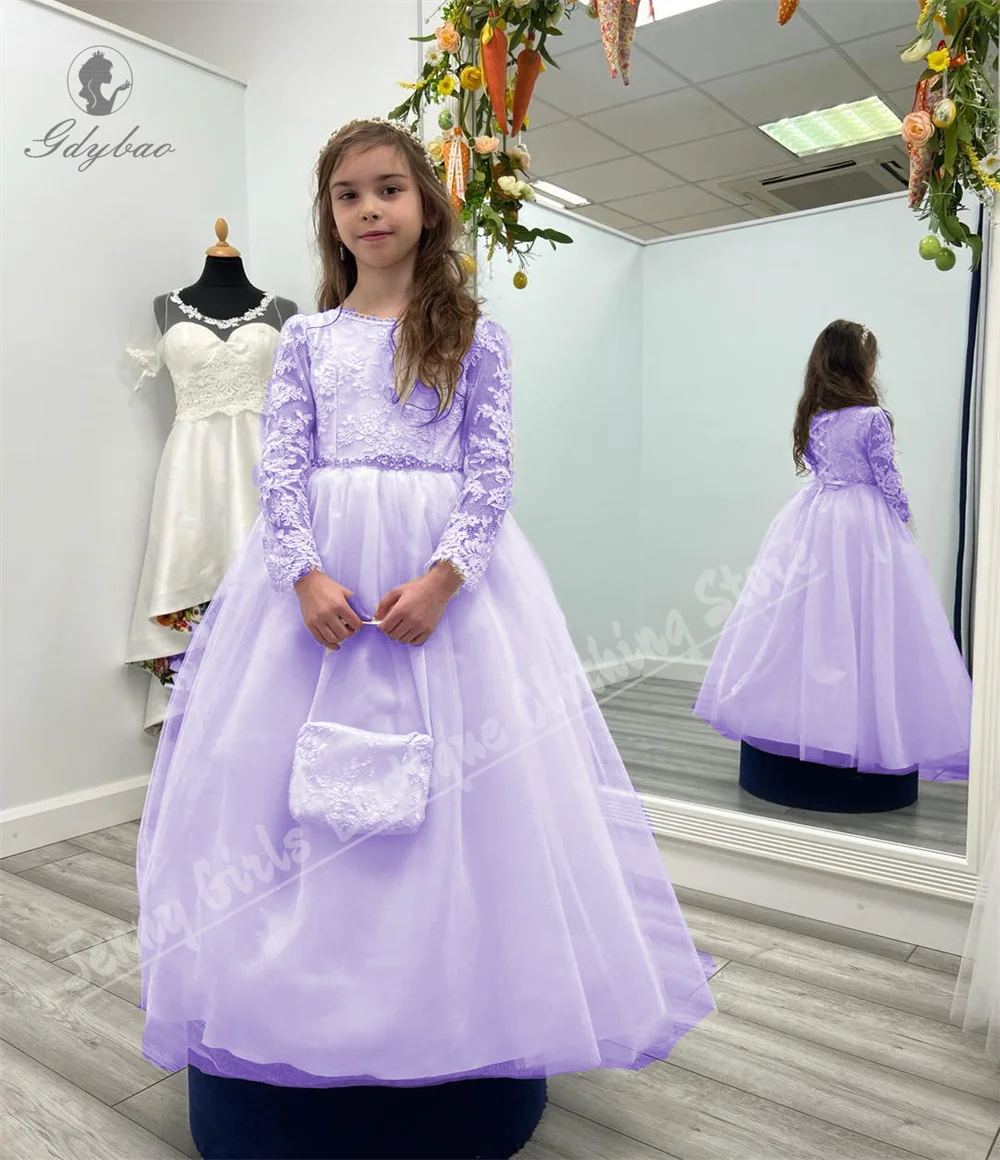 Abito da ragazza di fiore bianco carino a maniche lunghe in pizzo con cintura in rilievo girocollo per abito da cena per festa di compleanno per bambini