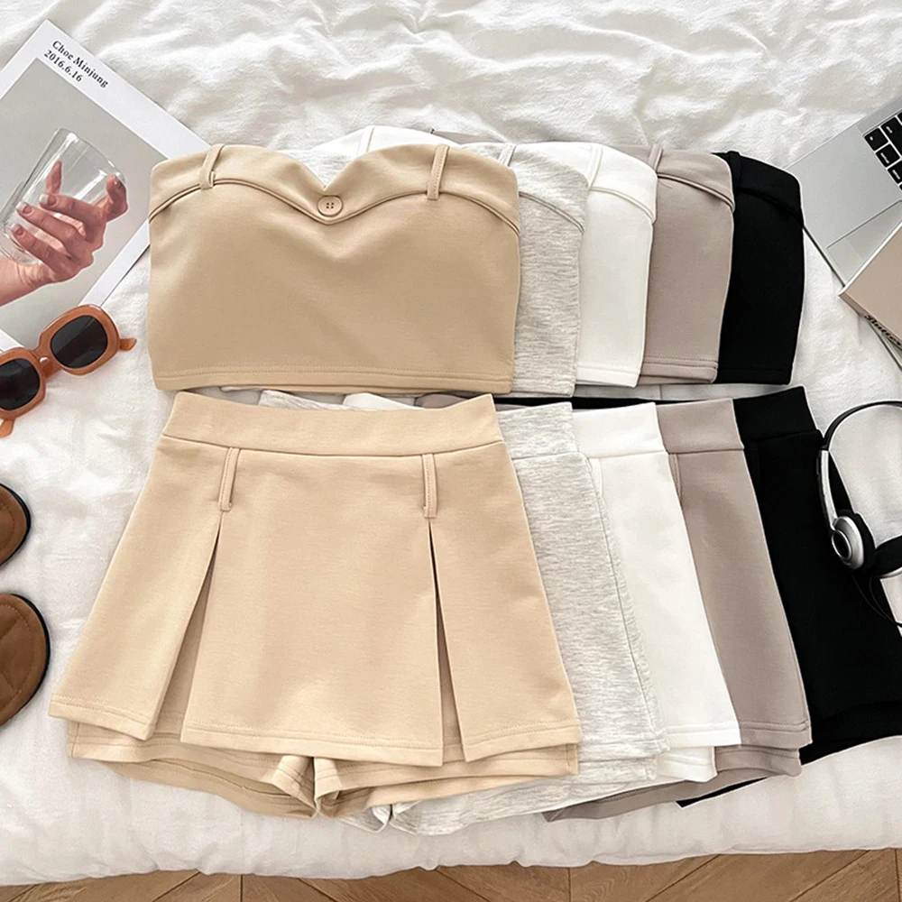 

Solid Two-Piece Set Women's Hot Spaghetti Strap Tank Top+High Waist Skirt Shorts Skirt Summer Casual Chic Office Lady Outfit