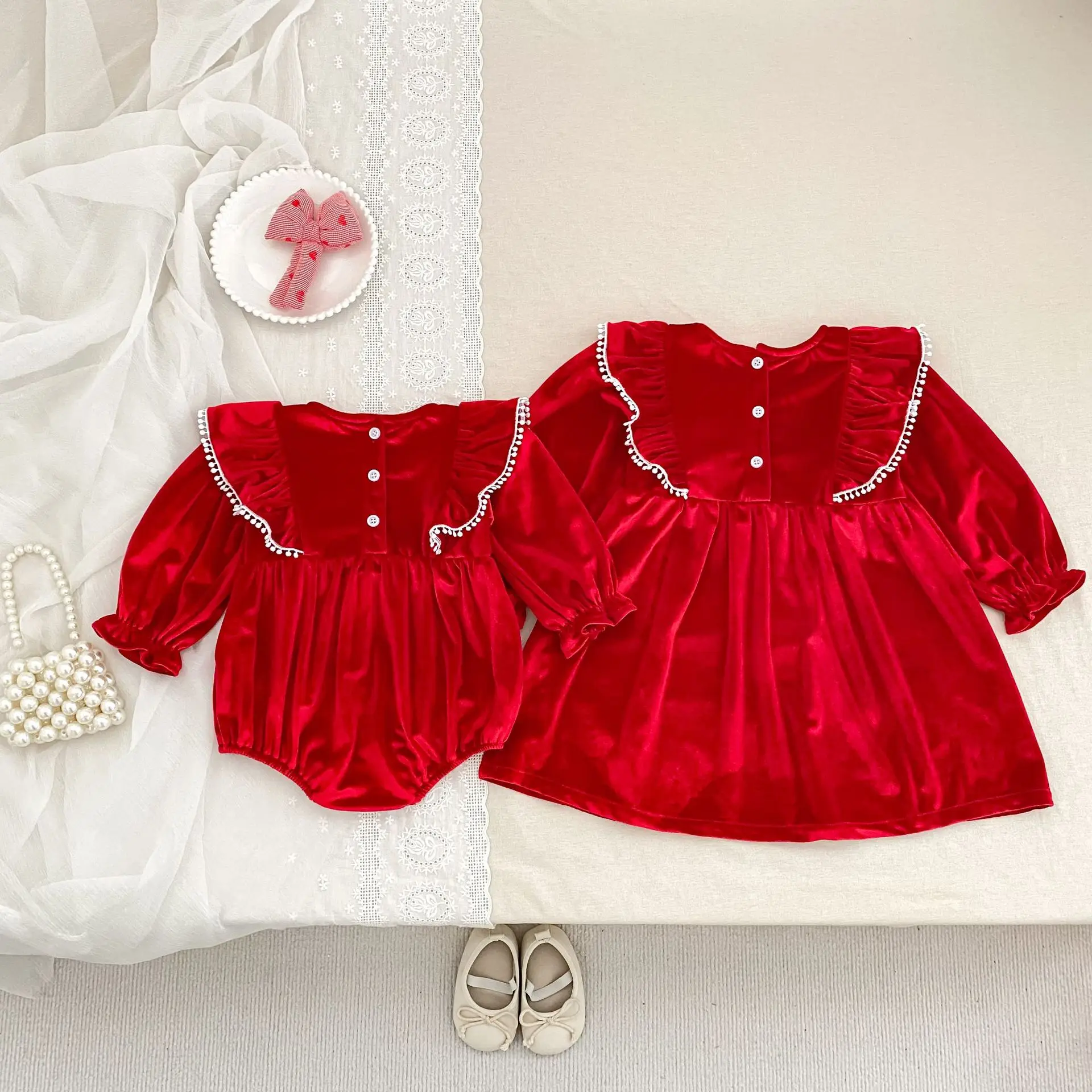Christmas Sisters Outfits Baby Girls Ruffle Bubble Romper & A-Line Long Sleeve Dress Red Velvet Lace