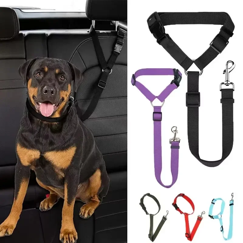 Solid Color Two-in-one Pet Car Seat Belt Nylon Lead Leash Backseat Safety Belt Adjustable Dogs Harness Collar Pet Accessories