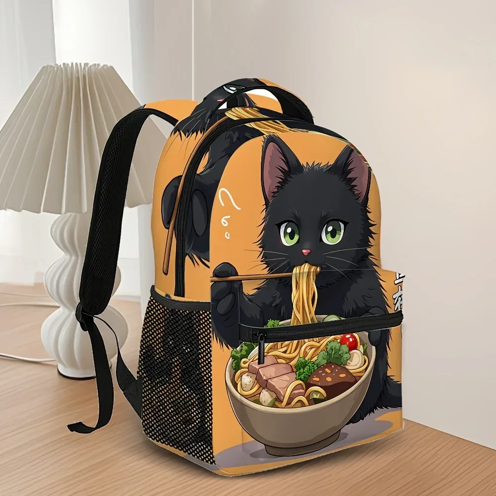 Custom Bag 1pc Men' Japanese Cat Eating Ramen Backpack - Anime Takaokulook, Adjustable Straps & Comfortable Padding, & Travel Ba