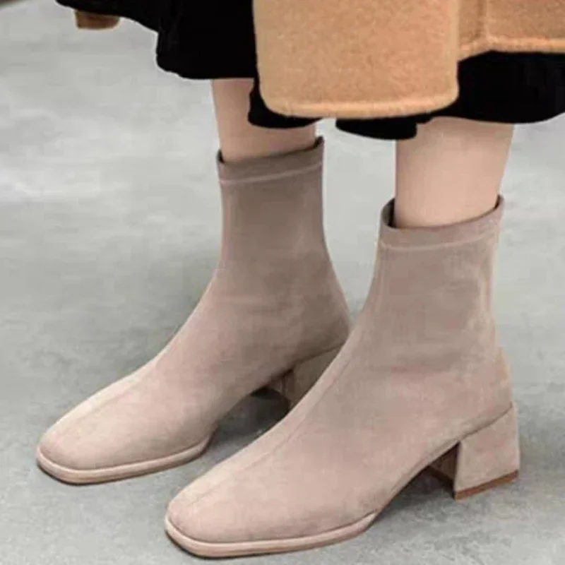 Autumn Winter Women Slim Ankle Boots Fashion Elegant Sqaure Toe Shoes Thick Heel Women\'s Short Booties