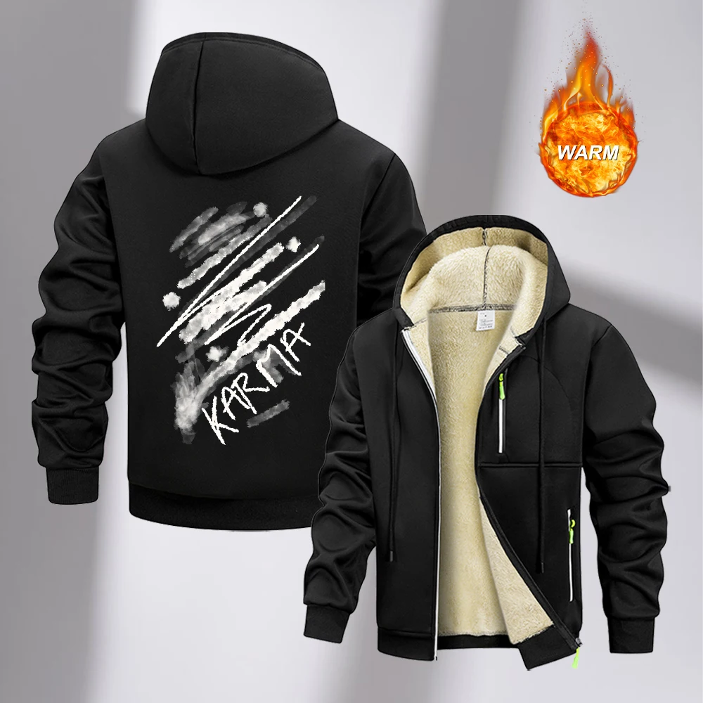 Men's Winter Thick Hoodies With Trendy Messy Graffiti Print Warm Zipper Sweatshirt Casual Street Style Fashionable Commute Top