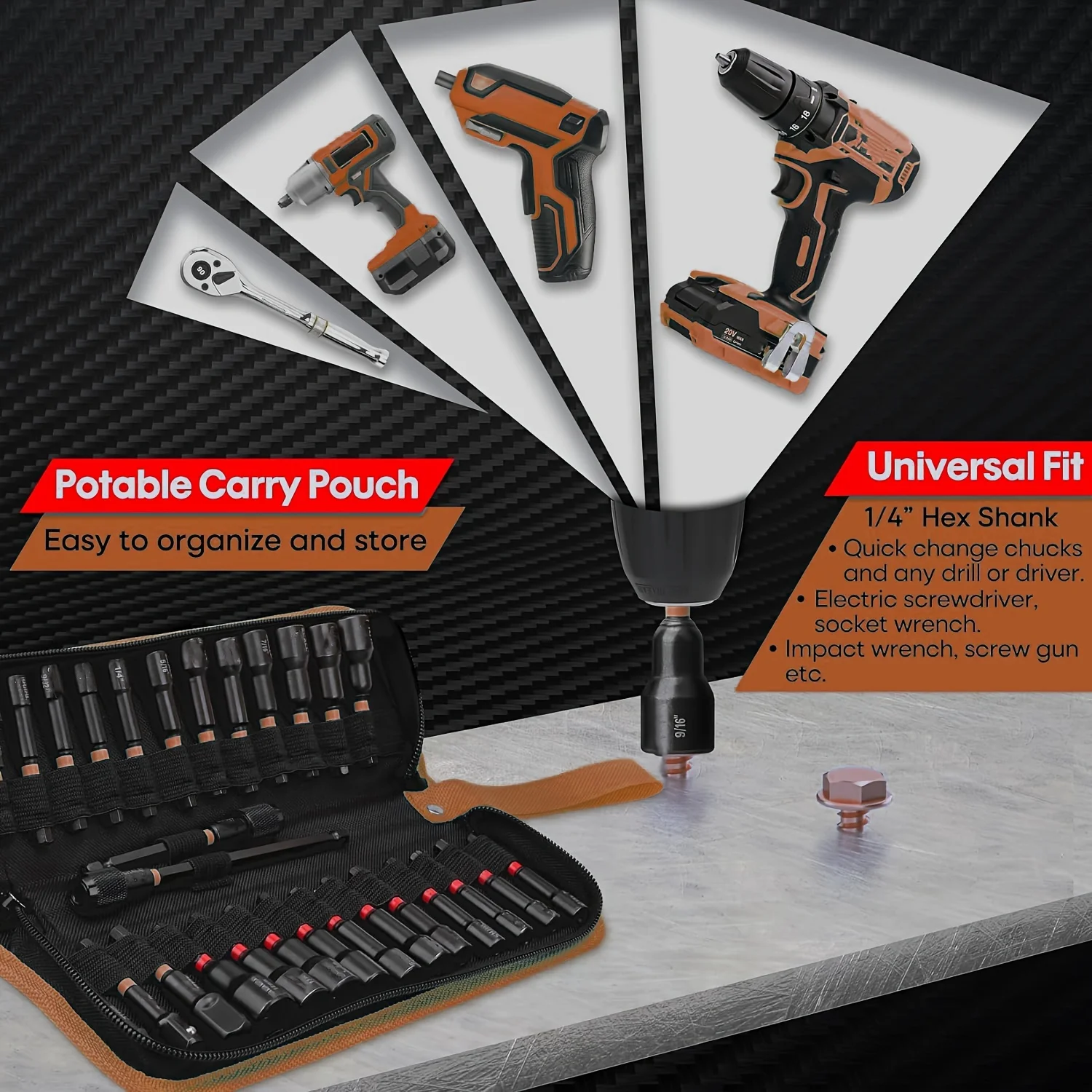 مجموعة مفكات صامولة مغناطيسية مكونة من 29 قطعة - لقمة مثقاب من فولاذ الفاناديوم الكروم مع ساق سداسية مقاس 1/4 بوصة وأحجام SAE ومحول مقبس #6