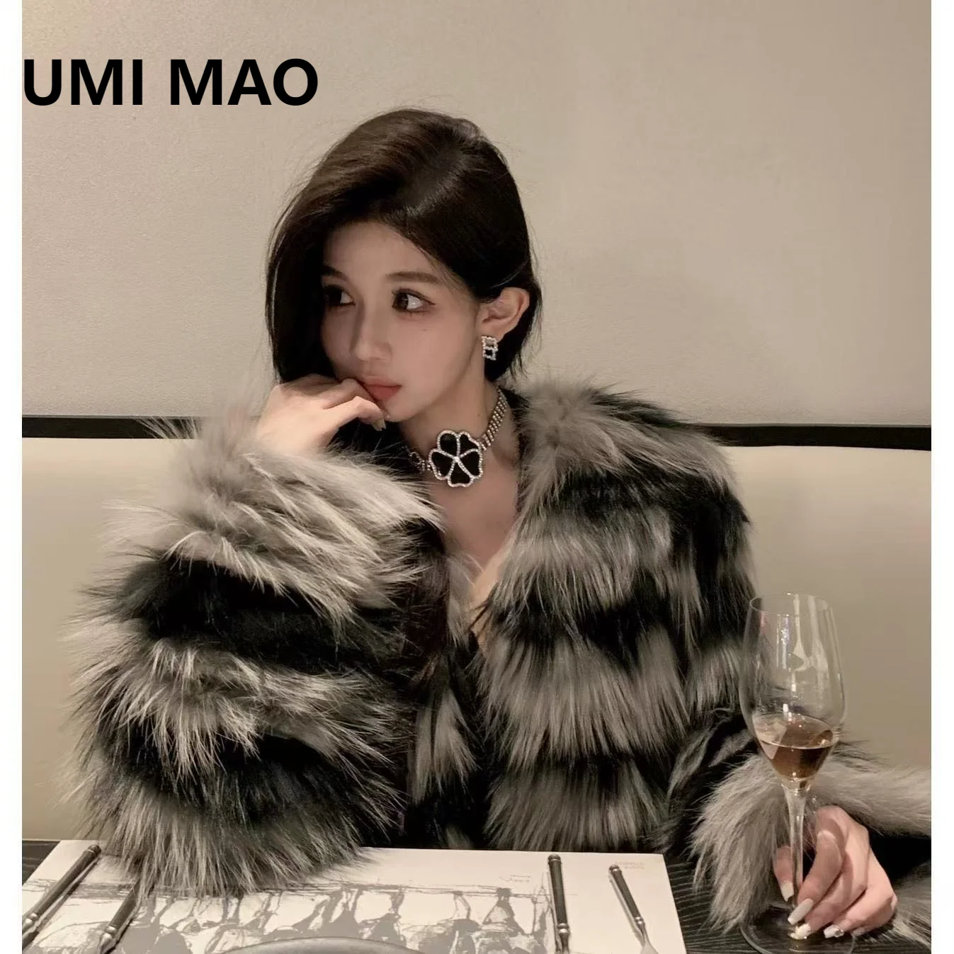 UMI MAO Ice Snow Black Rose Real Fur Young Fashion Grass Fashionable Not Stuffed Warm Fur Coat Women's Winter Jackets