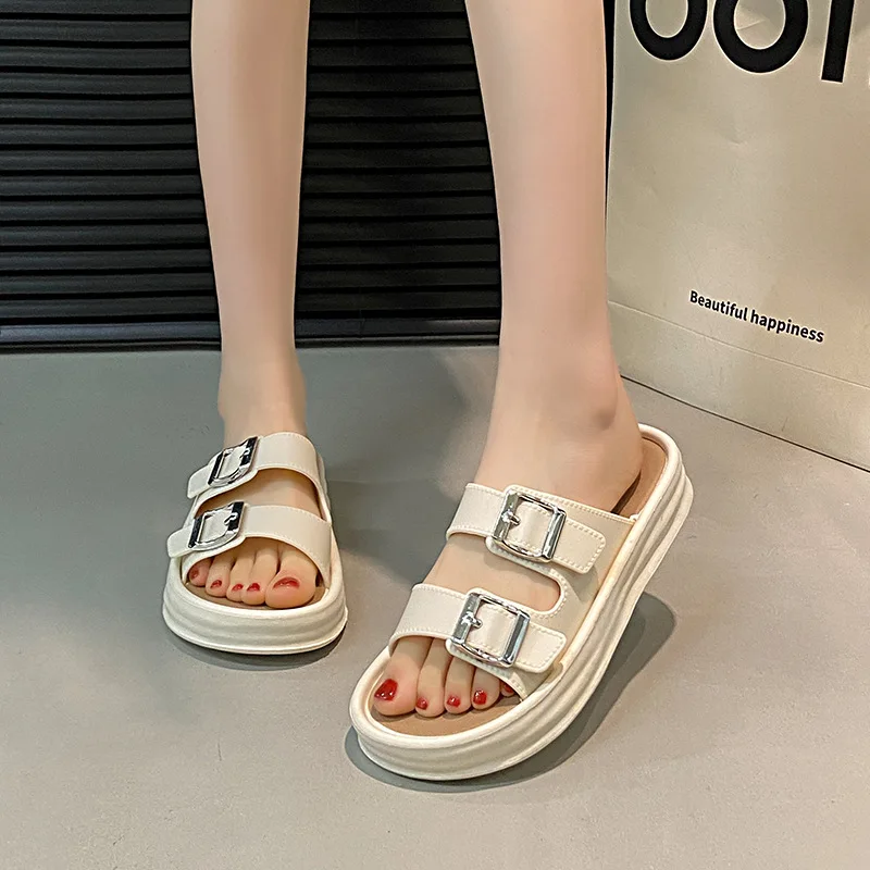 

Fashionable Thick-soled Sandals for Women's Outer Wear Summer New Casual Beach Shoes Casual Rhinestone Double-strap Slippers