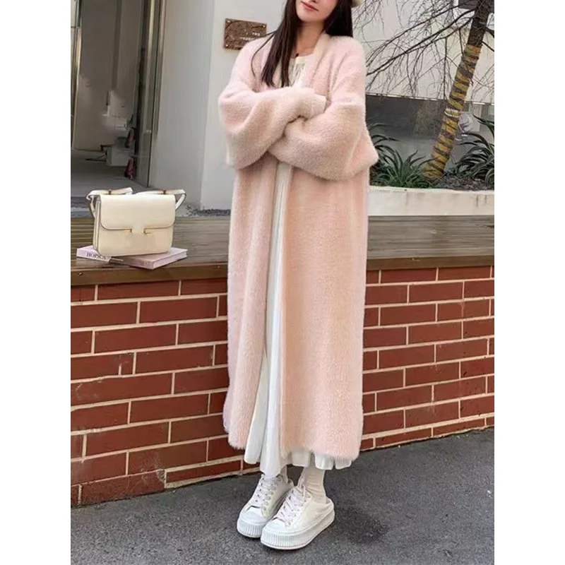 Over-the-Knee Mink-like Wool Knitted Cardigan 's Korean- Loose Mid-Length Idle Style Soft Glutinous Sweater Coat Women