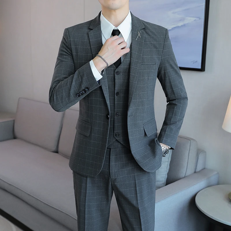 2024 new high-quality plaid suit (suit + vest + trousers) Business fashion handsome wedding casual three-piece set