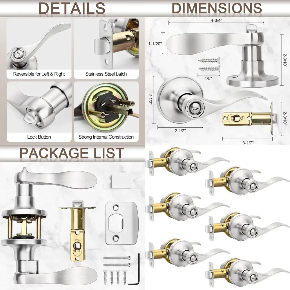 

Набор из 6 дверных ручек Wave Style, усиленные ручки-рычаги для конфиденциальности, реверсивные для спальни/ванной, отделка из матового никеля