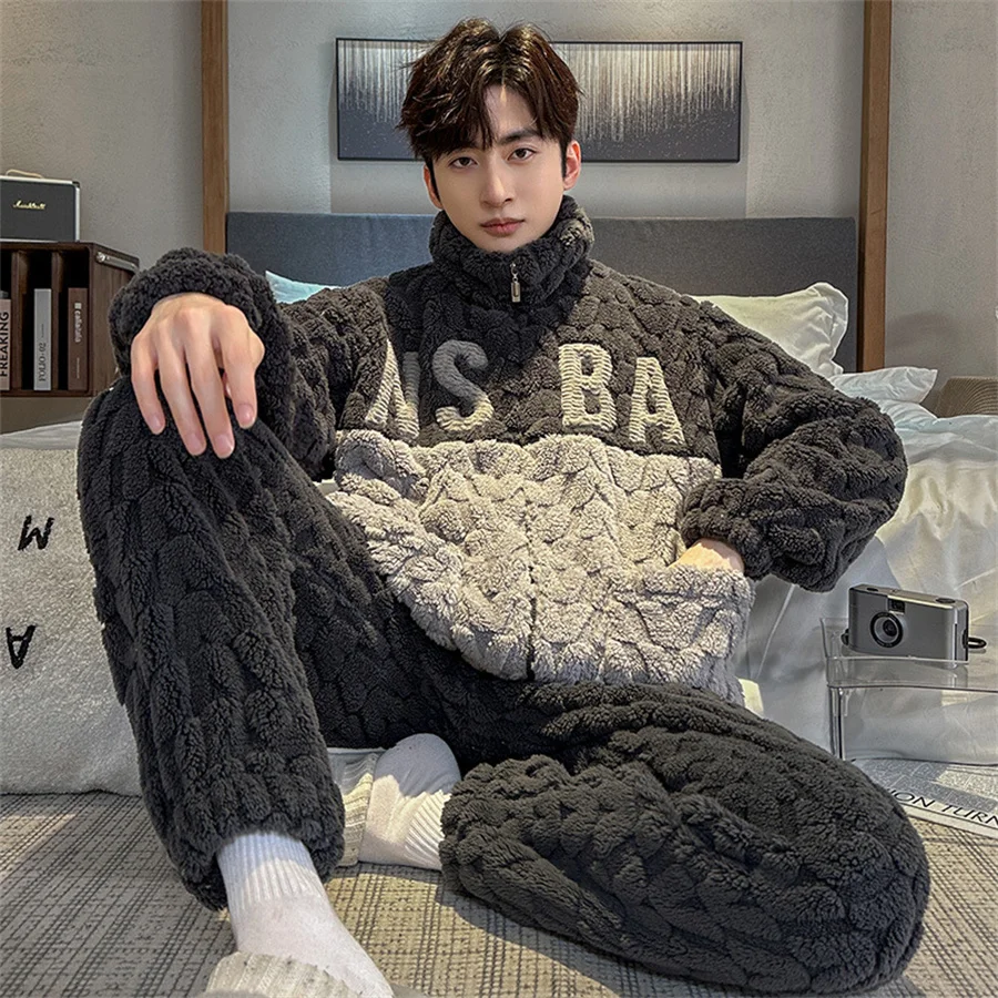 2024 New Winter Warm Pajama Sets Men Stand Collar Coral Fleece Coat + Long Pants Sleepwear for Sleeping Men\'s 2 Pieces Loungwear