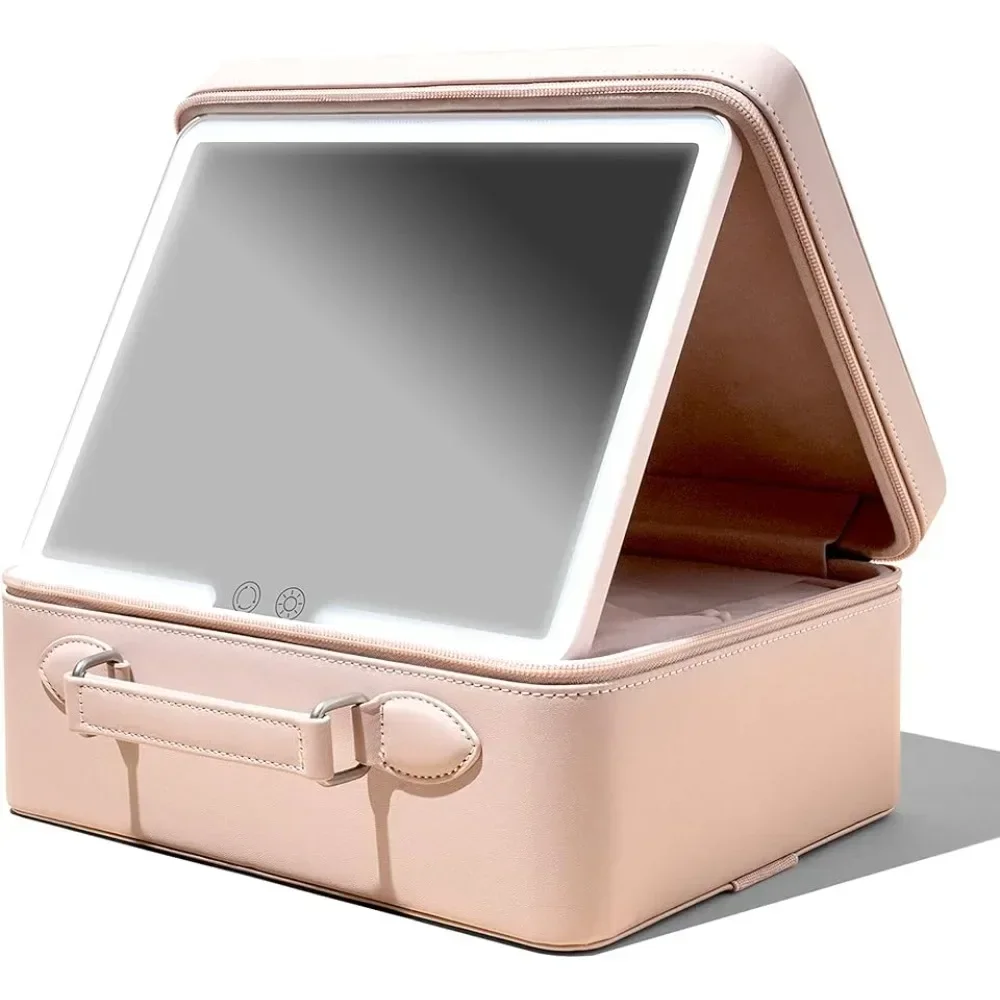

%a Travel Makeup Bag, Baia (Nude) - Hard Shell Storage Organizer with Large LED Lighted Mirror