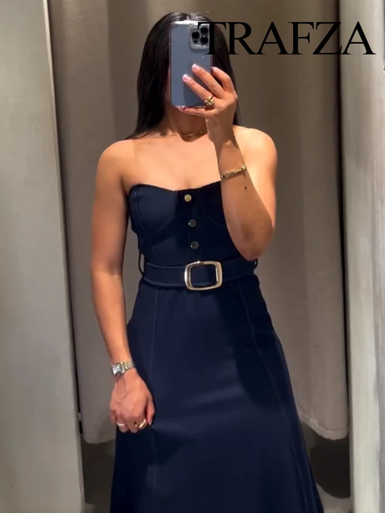 

HH Woman Chic Sleeveless Backless Sexy Midi Dress Summer Women Solid Single-Breasted Belt Decoration Holiday Style Dress