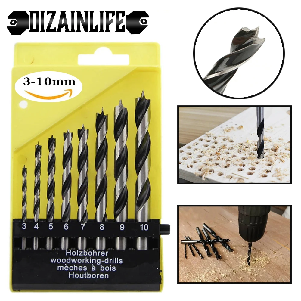 8pc 3-10mm Three Pointed Woodworking Drill DC Branch Drill Drilling Electric Drill Bit Drilling Twist Drill Tool Plastic Box Set