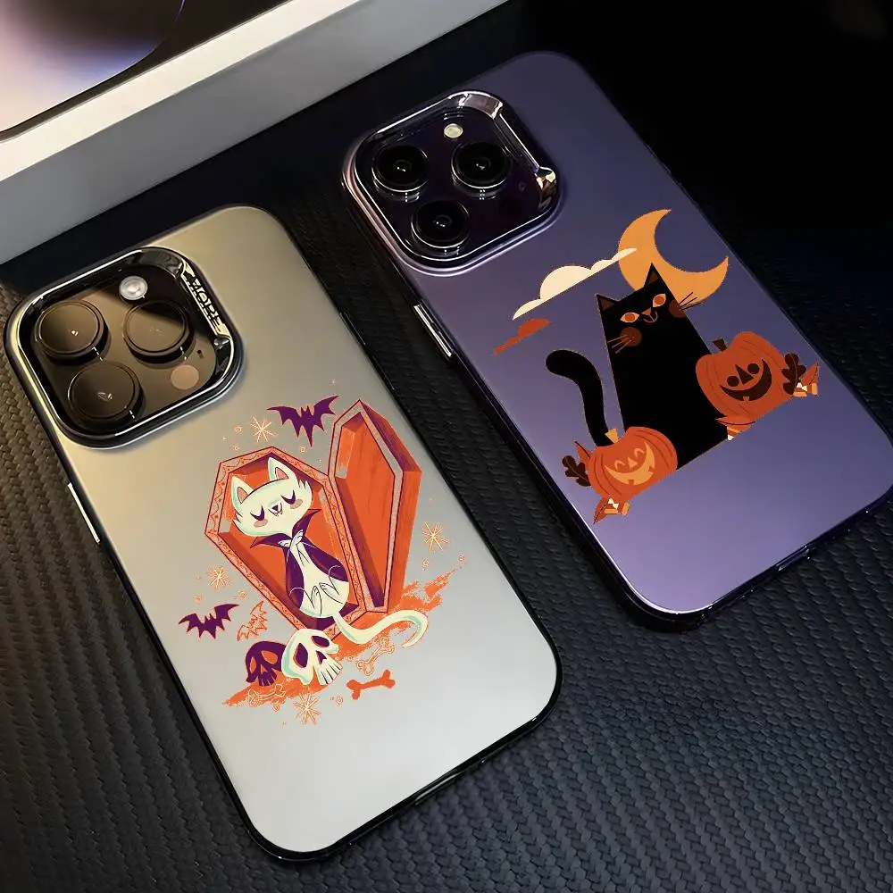 Halloween Cat Phone Case For iPhone 17 16 15 14 13 12 11 Pro Max Black Purple Matte Laser Metallic Aurora Funda