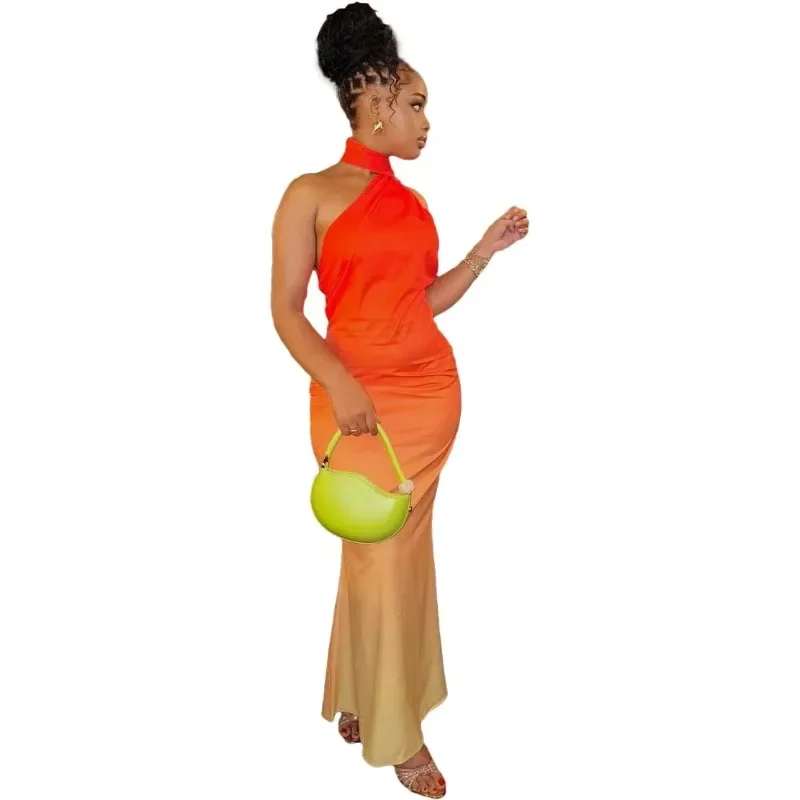 

Холтер с открытой спиной, градиентное облегающее платье макси, длинное платье с градиентным принтом, женские дизайнерские вечерние платья с силуэтом русалки