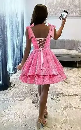 فساتين قصيرة لحفلات العودة للوطن على شكل حرف A مع أشرطة سباغيتي رسمية متدرجة وكشكشة للحفلات الراقصة بطول قصير فوق الركبة، صغير