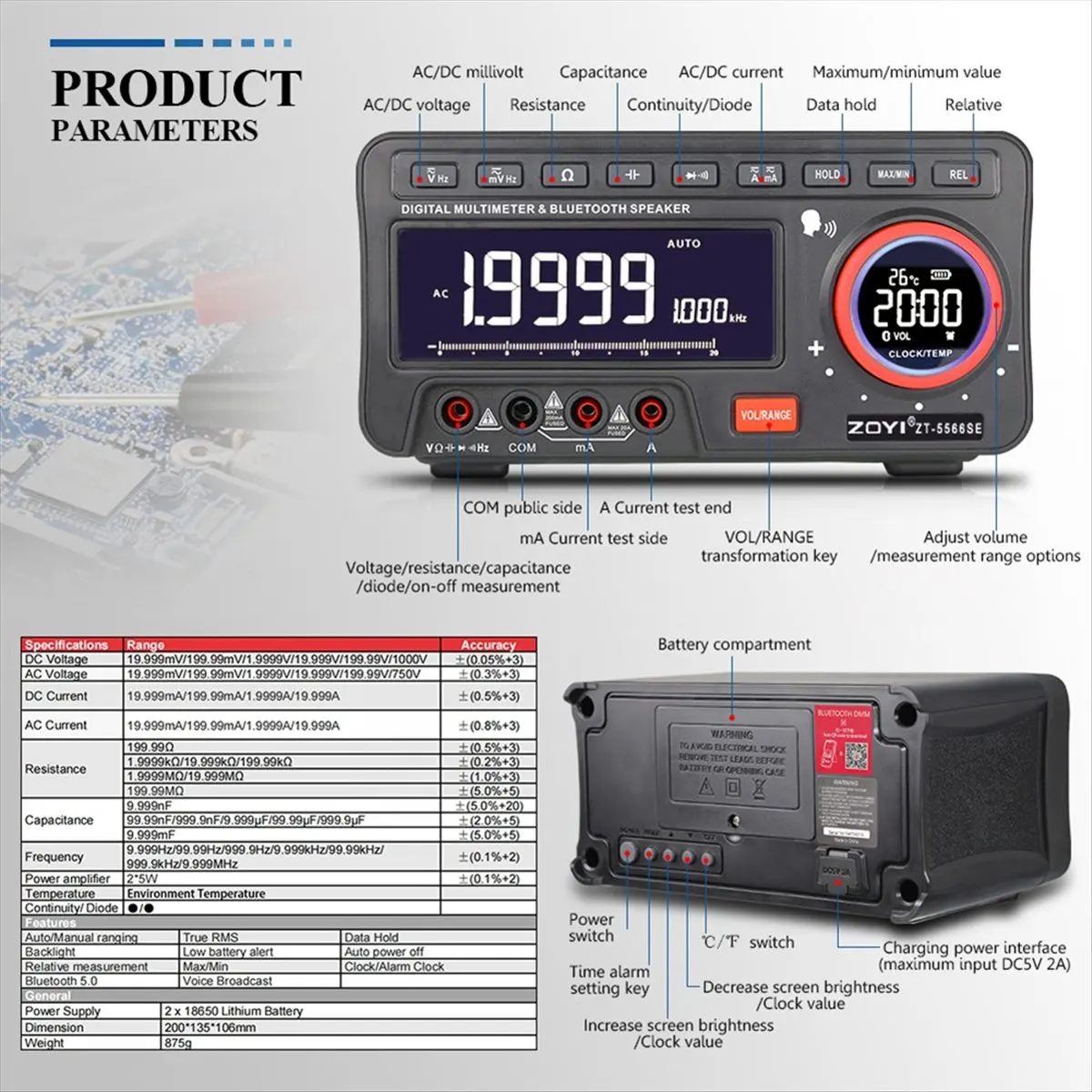 【Smart Accessories】 -5566SEAPP Bluetooth Series Intelligent Digital High- Multimeter Anti-Burn Curve Data Monitoring Voice Elect