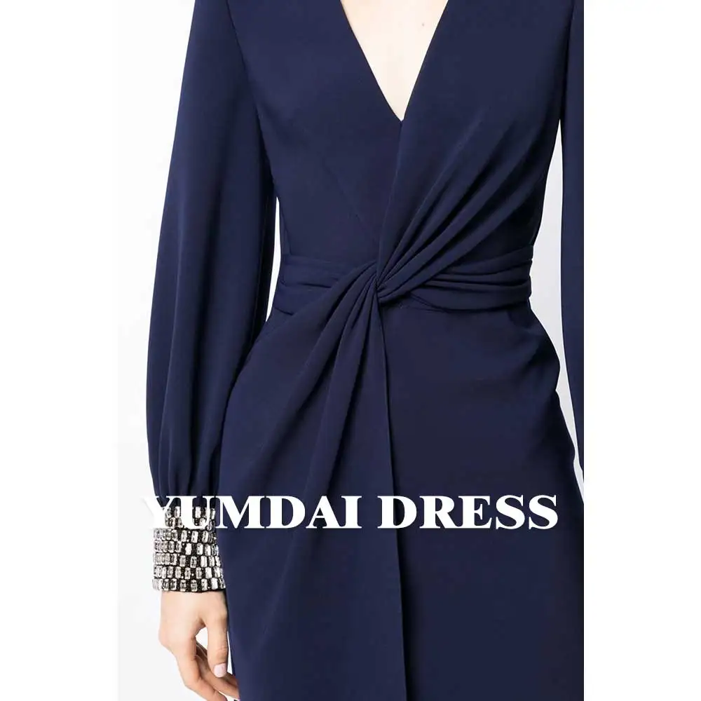 YUMDAI Elegant Navy Blue Ladies Formal Occasion Dress Rhinestone Long Sleeve Party Dress High-end Stage Performance Evening Gown