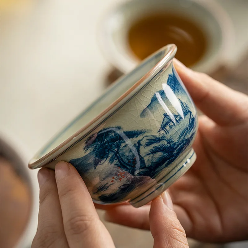 Blue and White Porcelain Master Cup Single Cup Retro Tea Cup Ceramic Tea Bowl Personal Cup Kung Fu Tea Set Single Tasting Cup Te