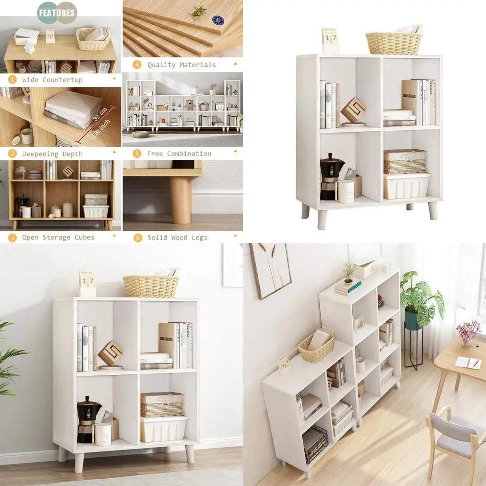 

2-Tier White Open Cube Bookshelf with Legs for Home Office Storage and Display, 4-Cube Short Shelving Unit