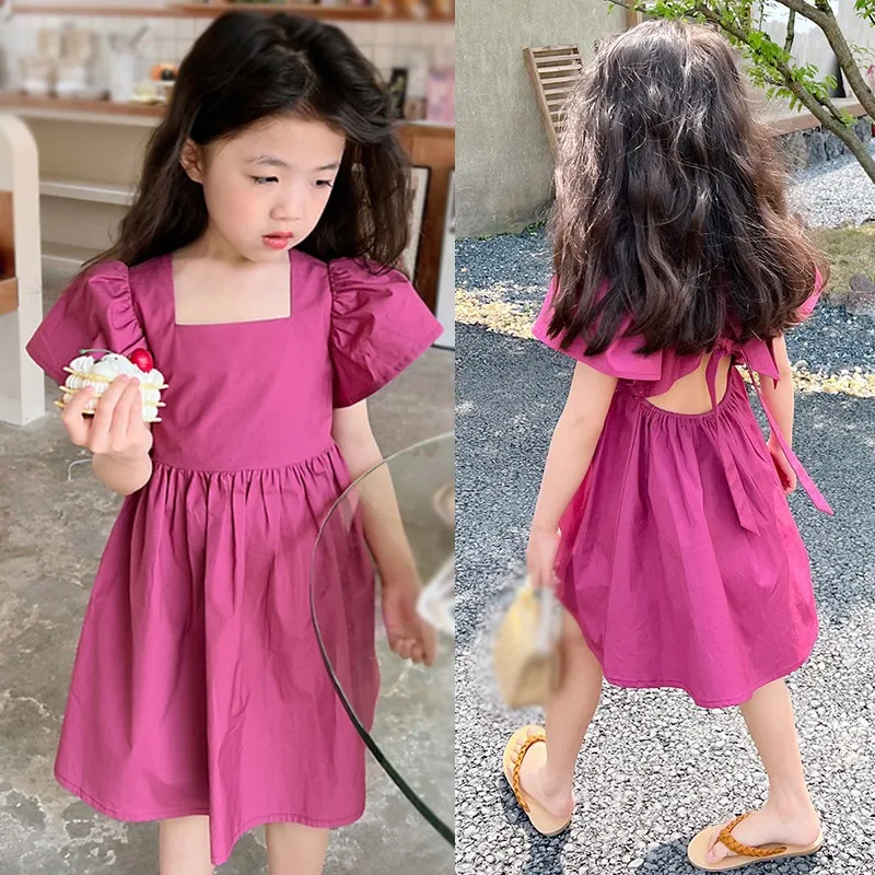 3-7T Summer Girls Dress Solid Cotton Ruffled Sleeves Show Waist Lace Up Bow Tie Backless Dress Kids Princess Beach Vestidos