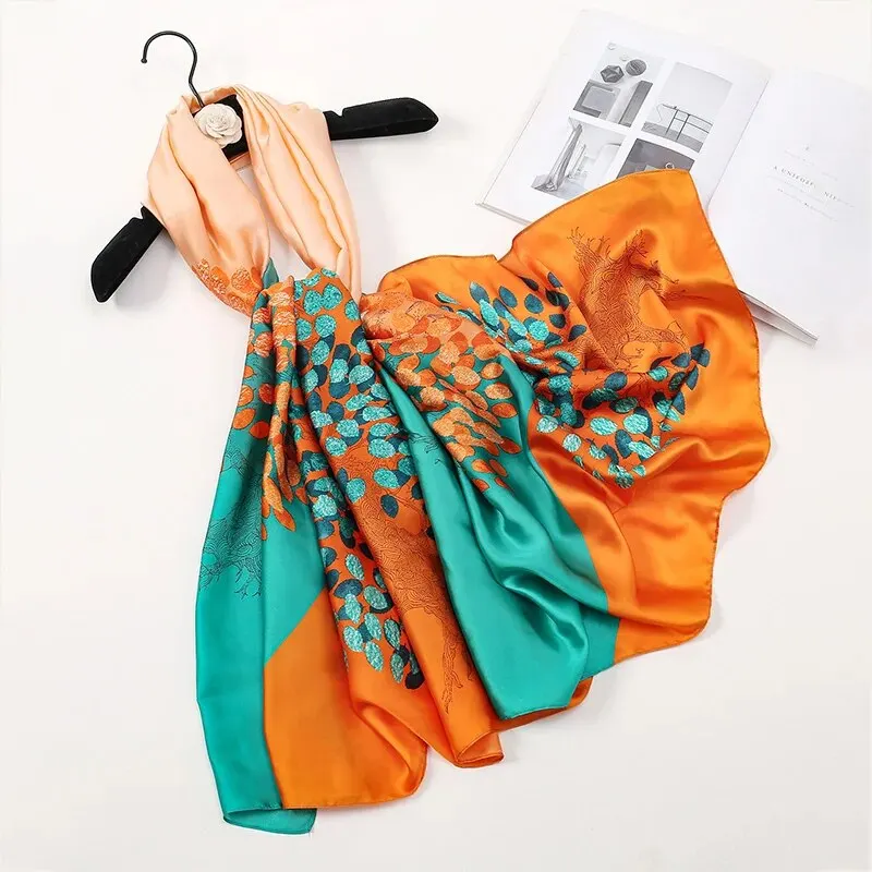 Ladies Printed Silk Shawl Brocade Satin Leaf Pattern Scarf Big Size Long Shawls Travel Sun Protection Cape 180*85cm