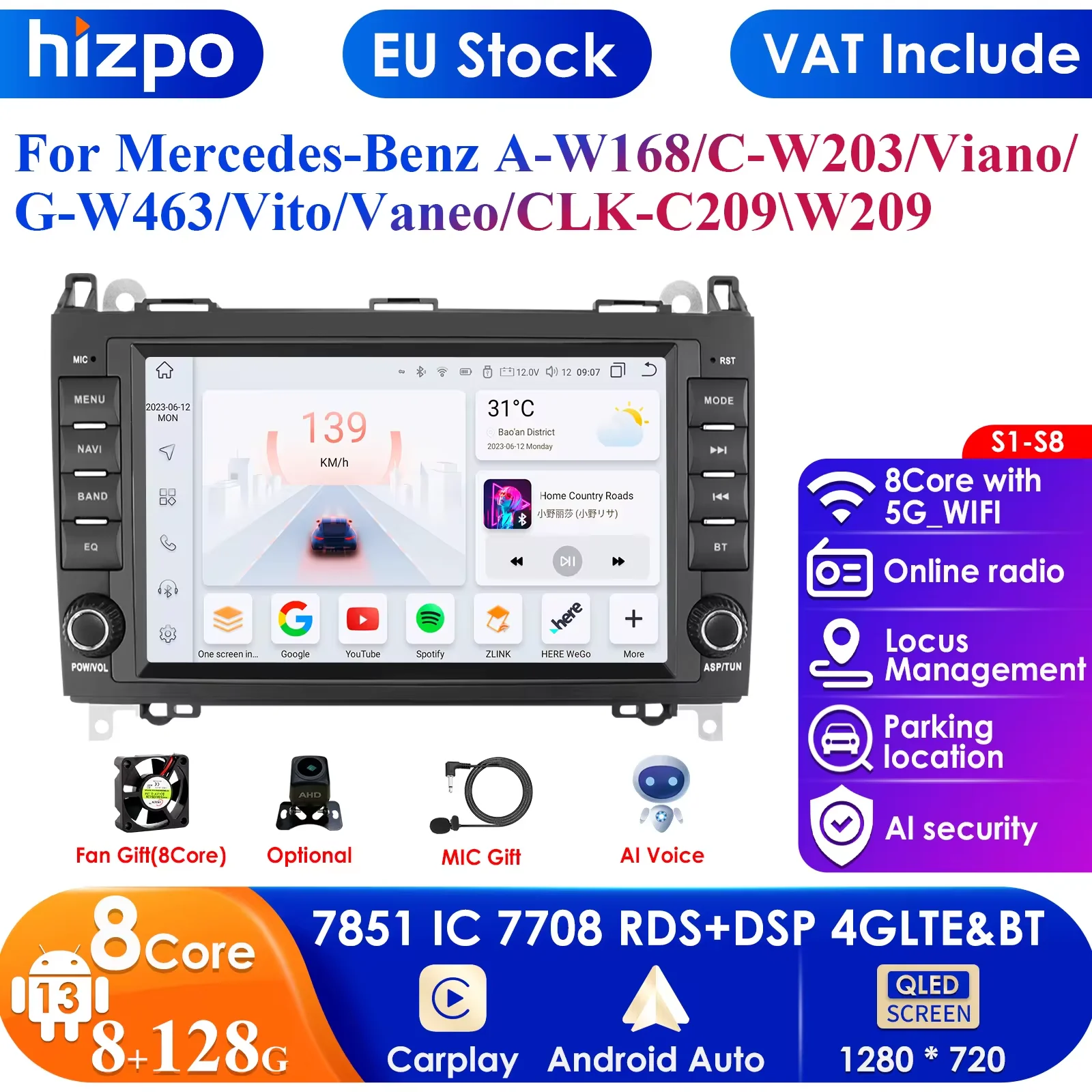 4G-LTE DSP Android 12 2 Din Auto Radio Car GPS for Mercedes Benz B200 B Class W169 W245 Viano Vito W639 Sprinter W906 BT Carplay