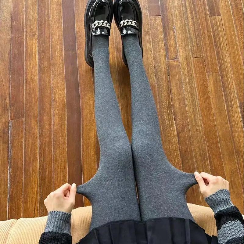 

Autumn Winter One-piece Combed Cotton Vertical Stripe Pantyhose Fleece-lined Thick Leggings Vertical Stripe Cotton Thread Sock