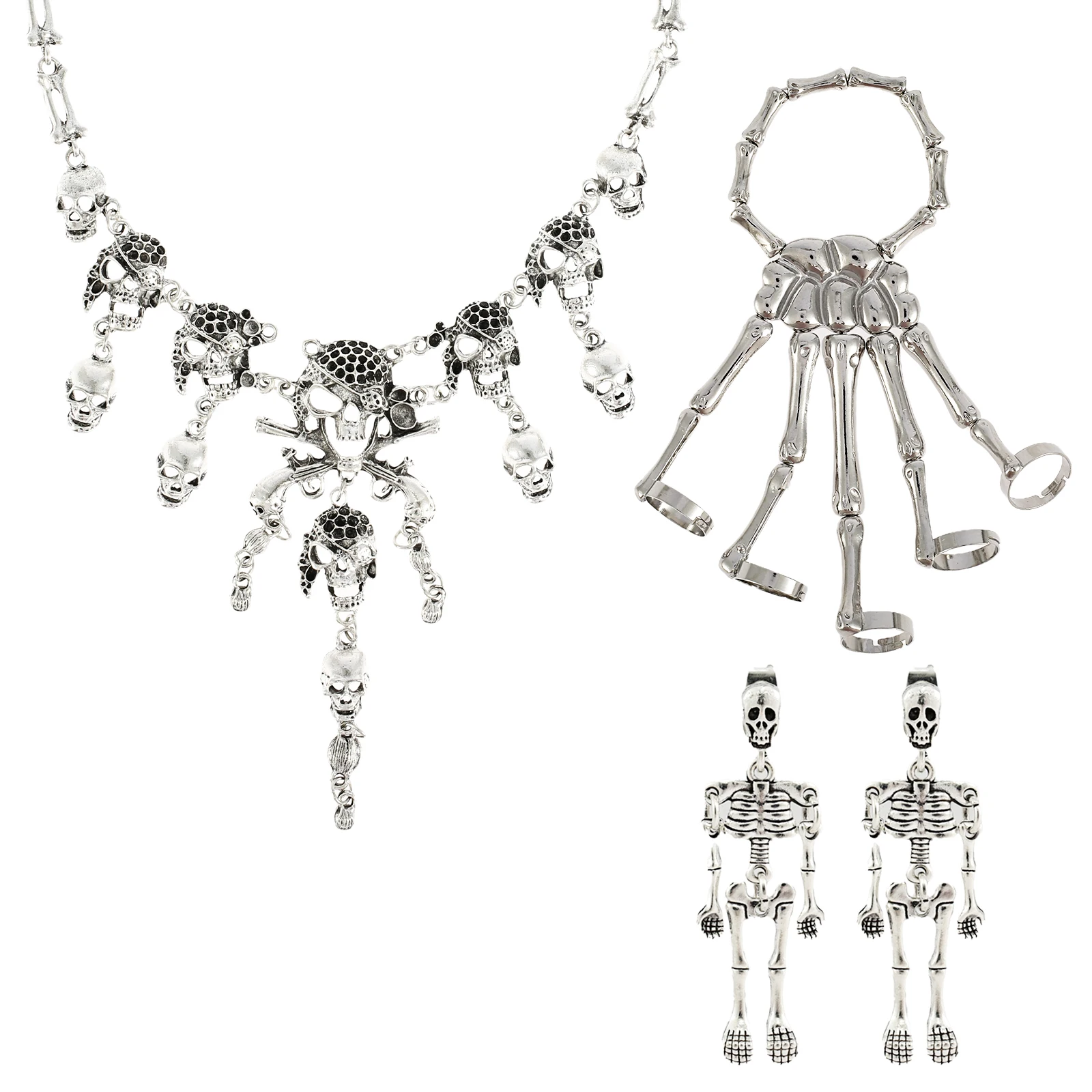 4Pcs Halloween Skeleton Jewelry Fashion Halloween Skeleton Necklace Zinc Alloy Halloween Skeleton Bracelet Exquisite Halloween