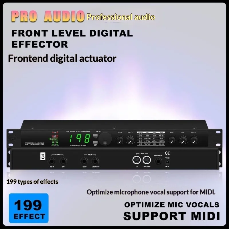 Digital Front-End Effect Processor - 199 Presets (99+100 User), Dual Channel DSP with Reverb Delay Chorus for Stage KTV Bar